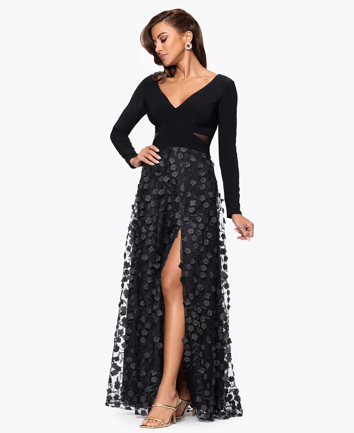 Black Mesh & Stretch Knit A-Line V-Neck V-Back Floor-Length Dress