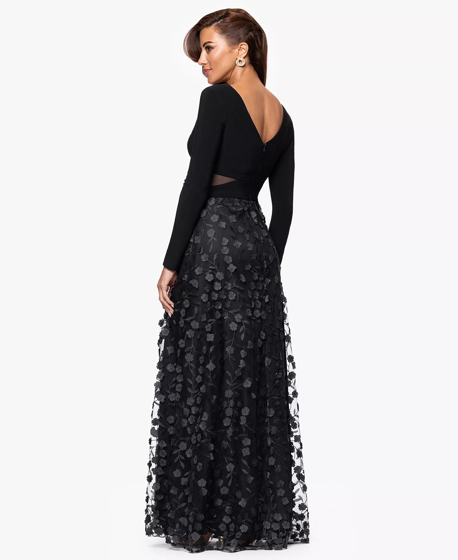 Black Mesh & Stretch Knit A-Line V-Neck V-Back Floor-Length Dress