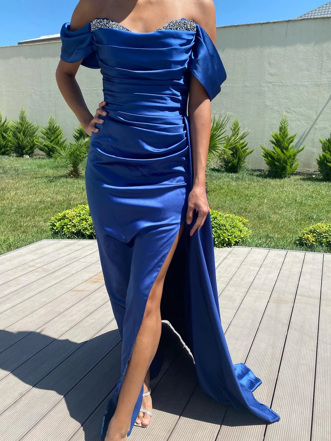 Sheath/Column Off-The-Shoulder Floor-Length Long Dresses With Split Side