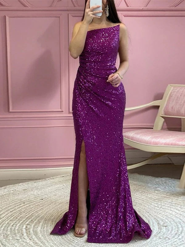 Robe de bal longue style sirène/trompette à paillettes, sans bretelles, longueur au sol