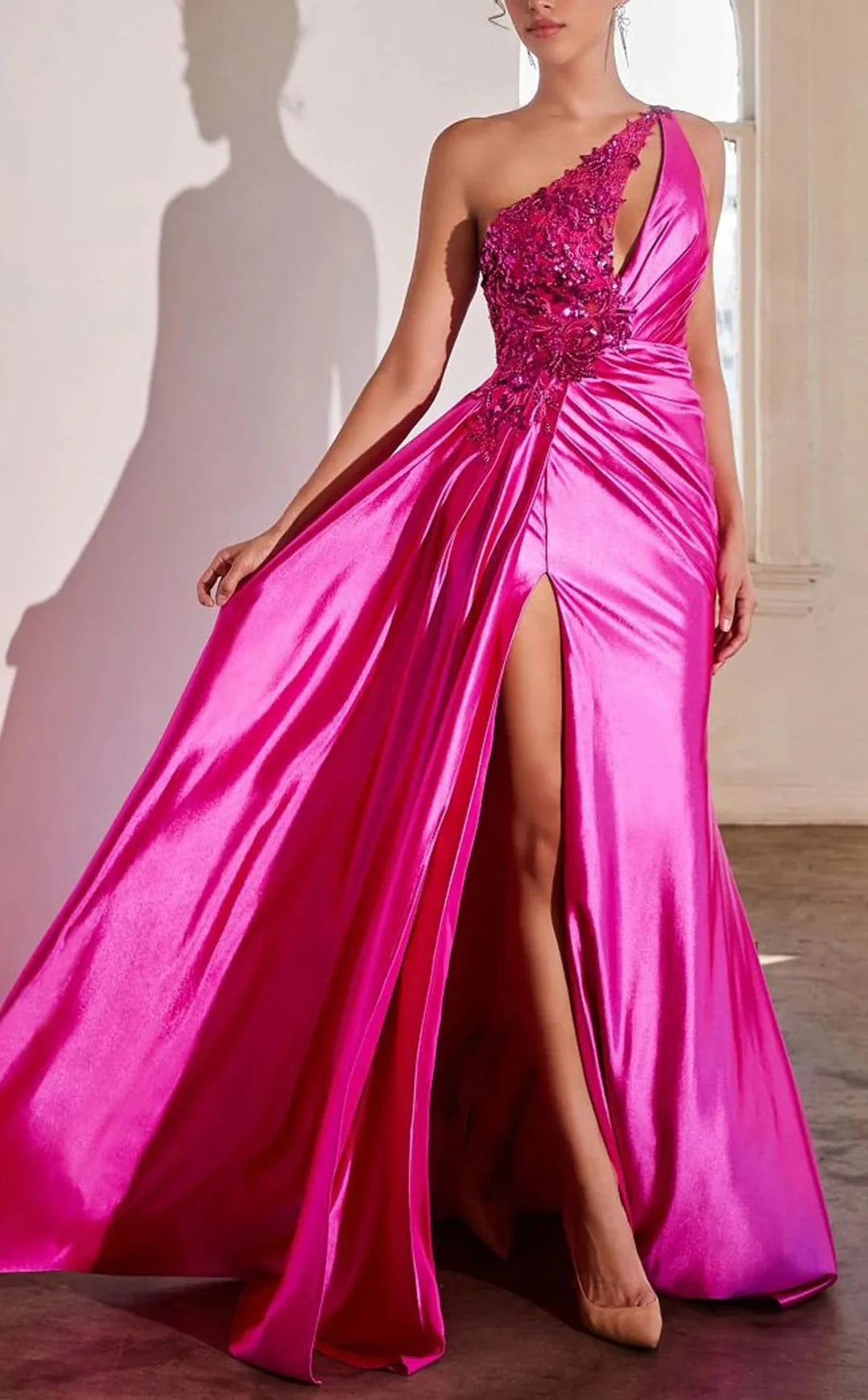 Sheath/Column One-Shoulder Floor-Length Prom Floral Dresses With Hight Split Side