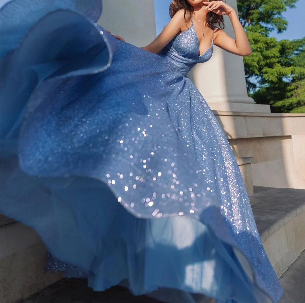 Spaghetti Straps V-Neck Sleeveless Floor-Length Long Prom Dresses