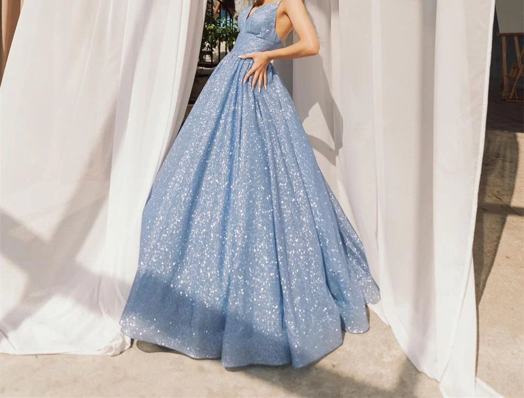 Spaghetti Straps V-Neck Sleeveless Floor-Length Long Prom Dresses