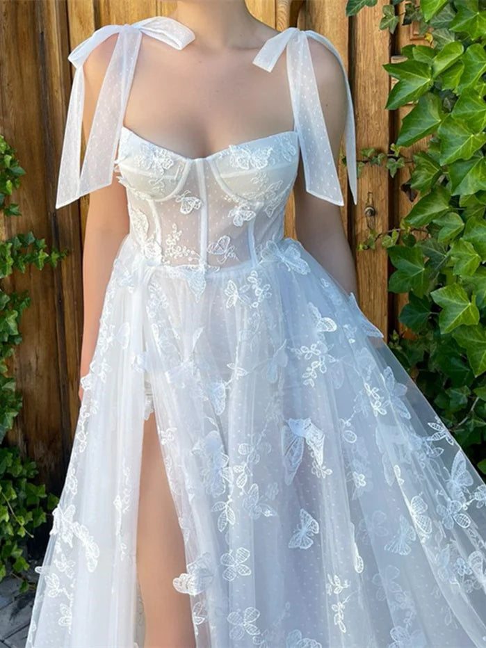 Robe de bal de fin d'année trapèze/princesse, sans manches, longueur au sol, avec nœud et bretelles