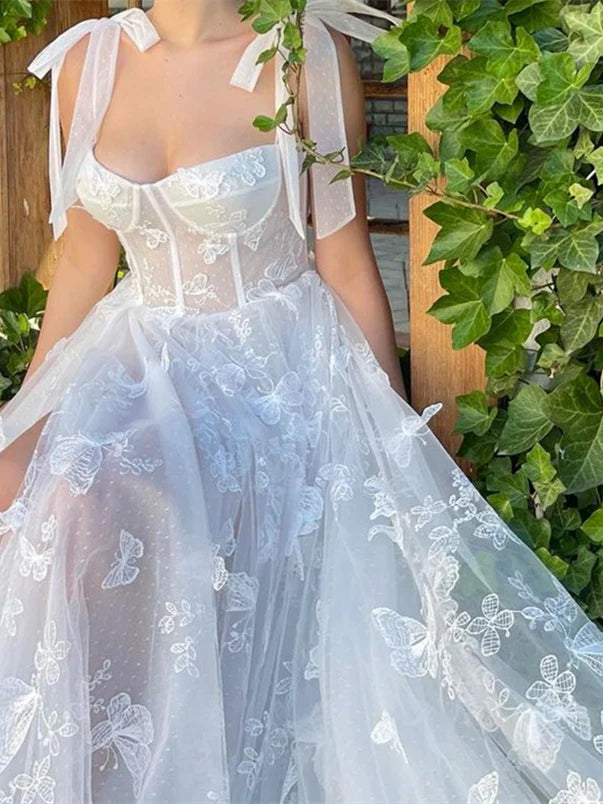 Robe de bal de fin d'année trapèze/princesse, sans manches, longueur au sol, avec nœud et bretelles