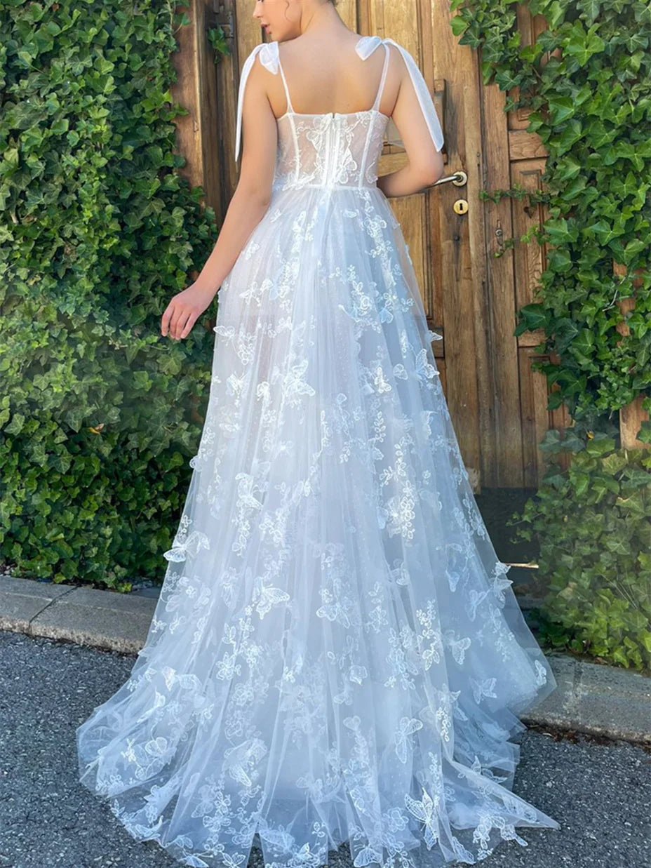 Robe de bal de fin d'année trapèze/princesse, sans manches, longueur au sol, avec nœud et bretelles