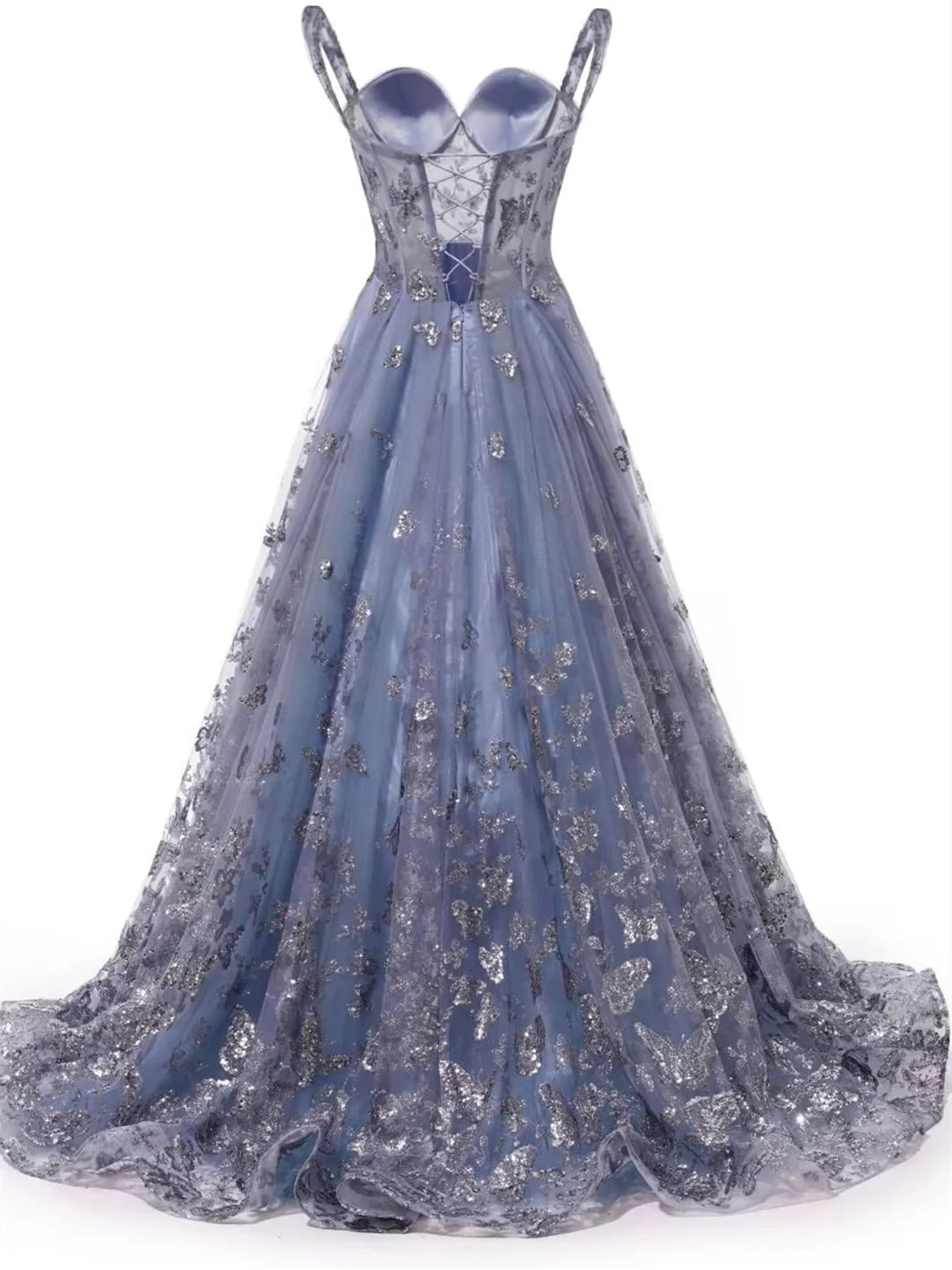 Robe de soirée trapèze/princesse à bretelles spaghetti et décolleté en cœur, longueur au sol