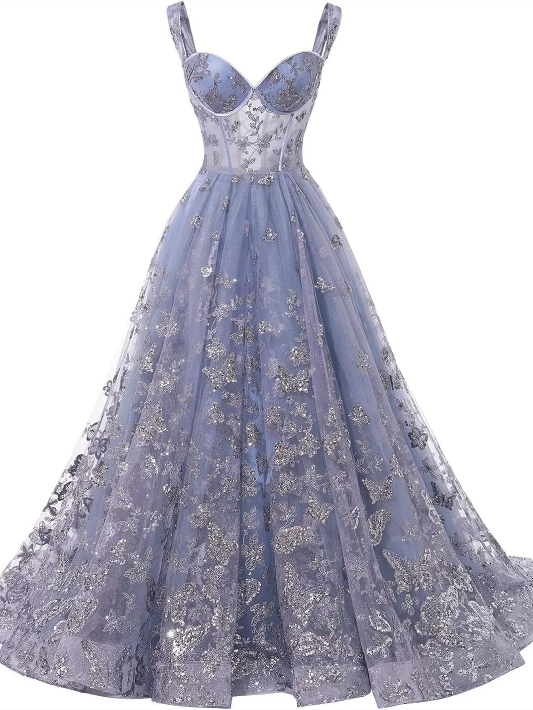 Robe de soirée trapèze/princesse à bretelles spaghetti et décolleté en cœur, longueur au sol