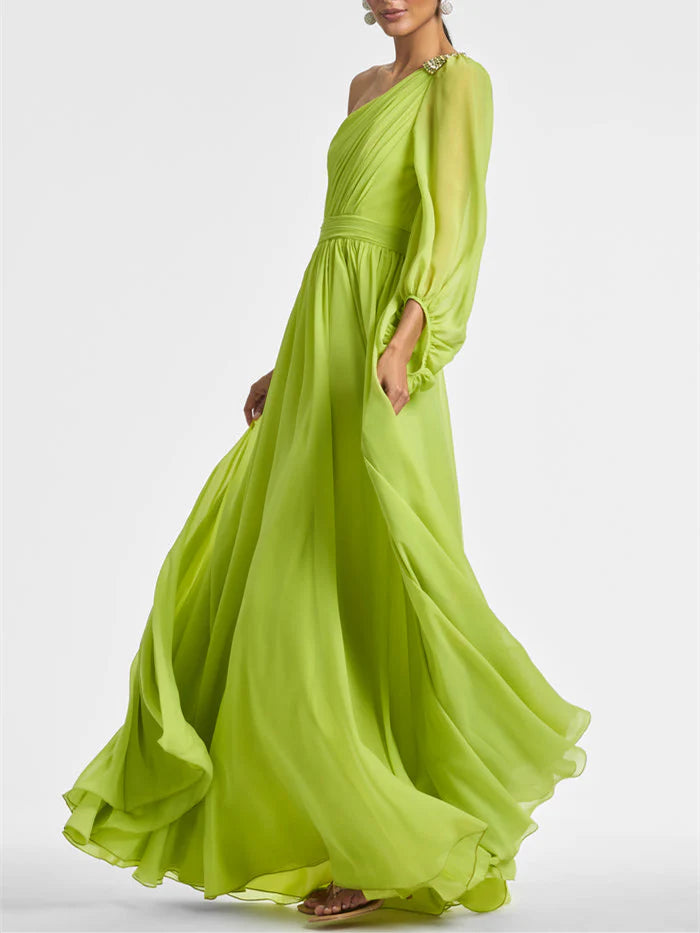 A Line One Shoulder Floor-Length Evening Dress With Ruffles