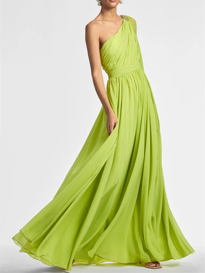 A Line One Shoulder Floor-Length Evening Dress With Ruffles