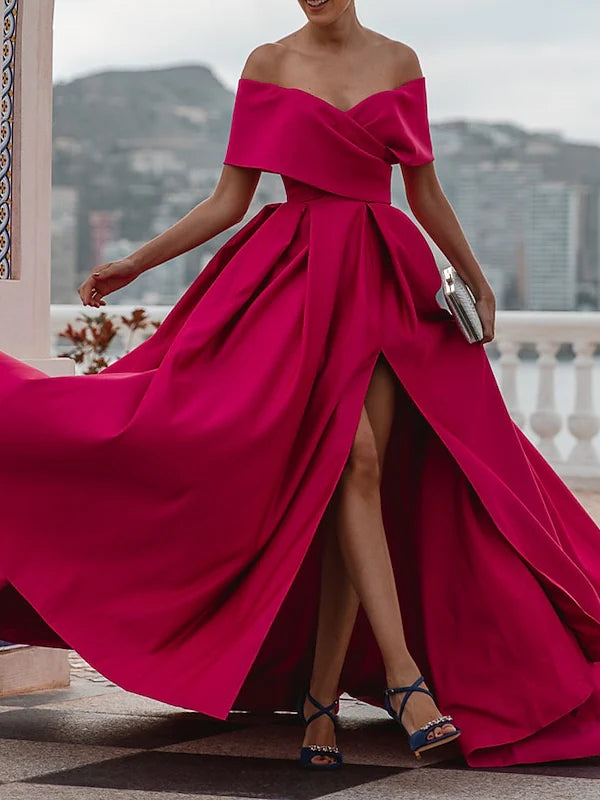 A-Line Off-The-Shoulder Short Sleeves Floor Length Evening Dress
