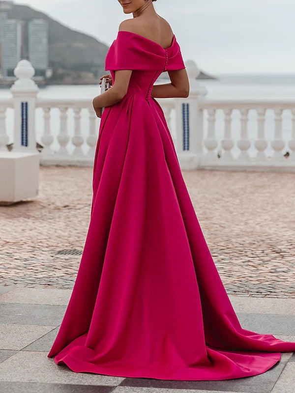 A-Line Off-The-Shoulder Short Sleeves Floor Length Evening Dress