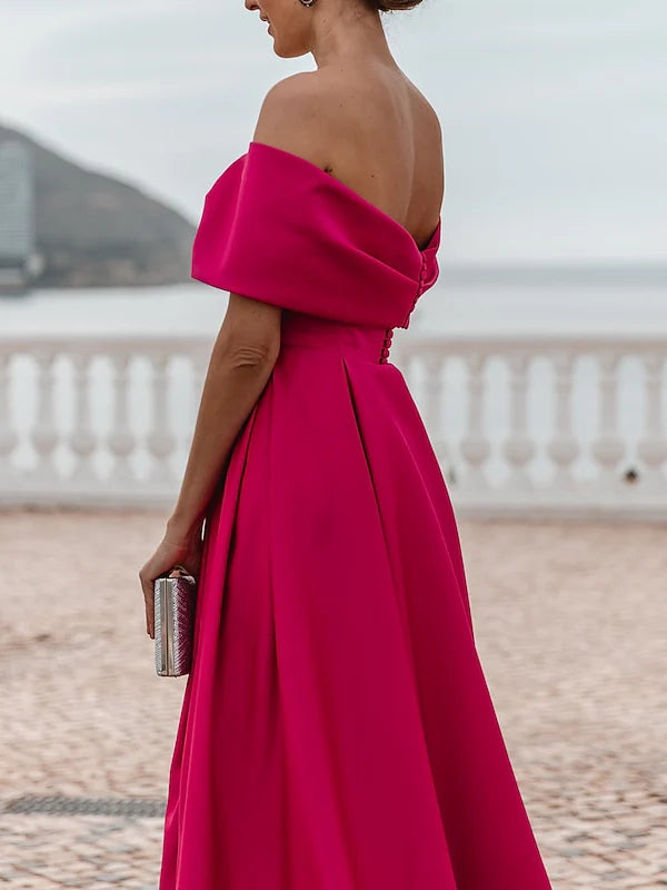 A-Line Off-The-Shoulder Short Sleeves Floor Length Evening Dress