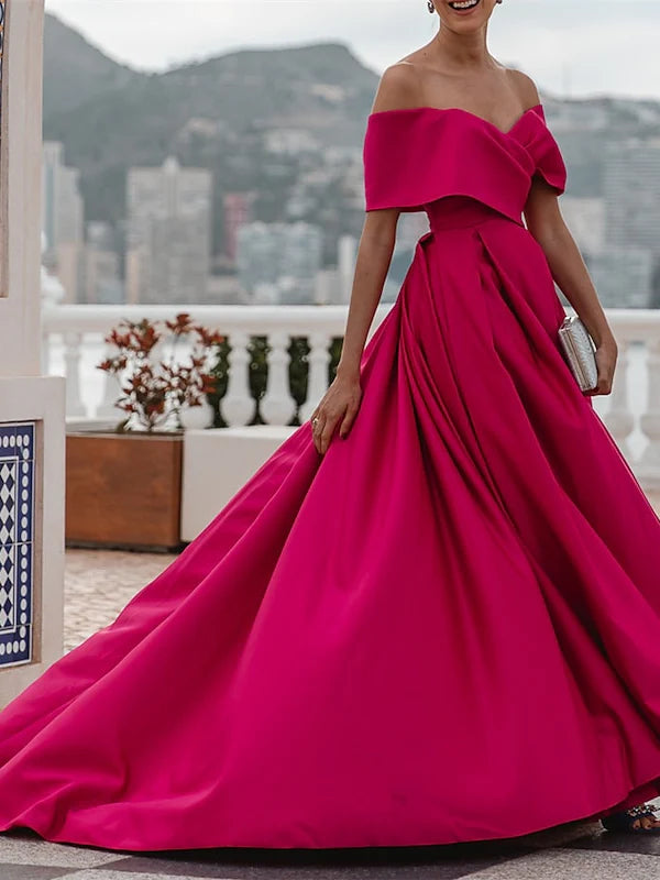 A-Line Off-The-Shoulder Short Sleeves Floor Length Evening Dress