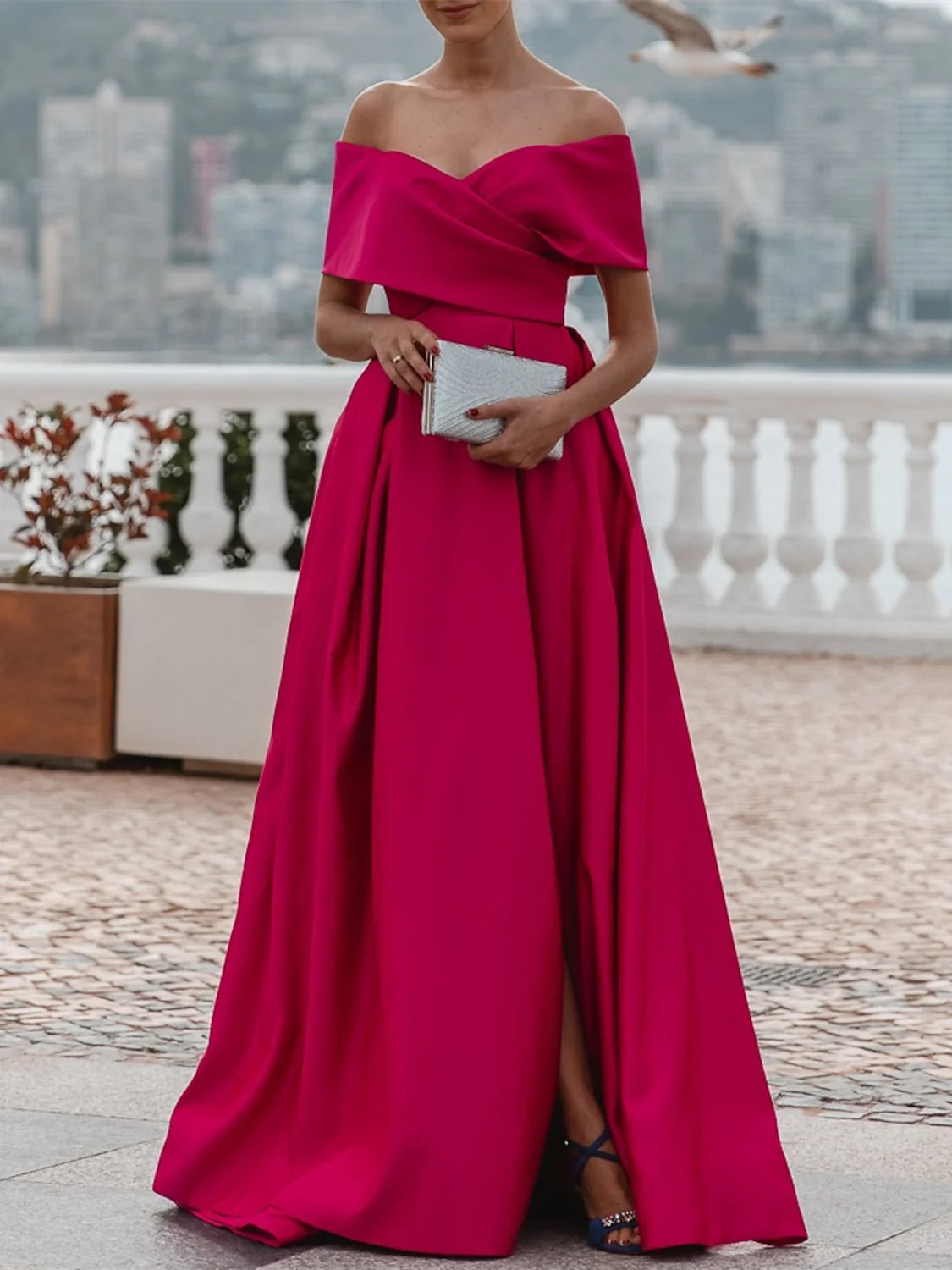A-Line Off-The-Shoulder Short Sleeves Floor Length Evening Dress