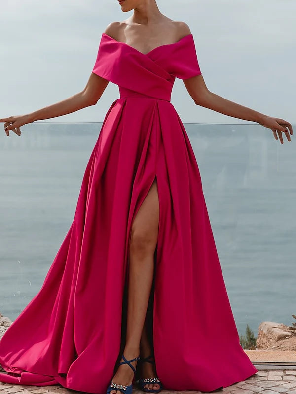 A-Line Off-The-Shoulder Short Sleeves Floor Length Evening Dress