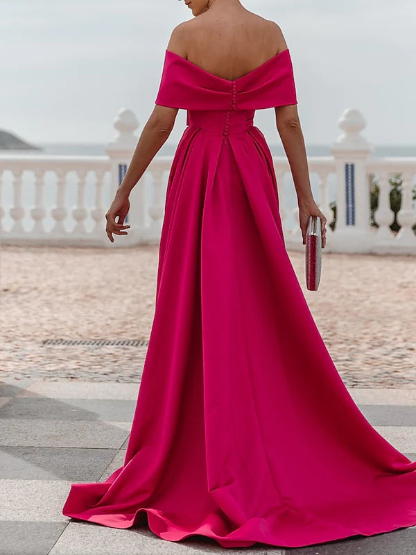 A-Line Off-The-Shoulder Short Sleeves Floor Length Evening Dress