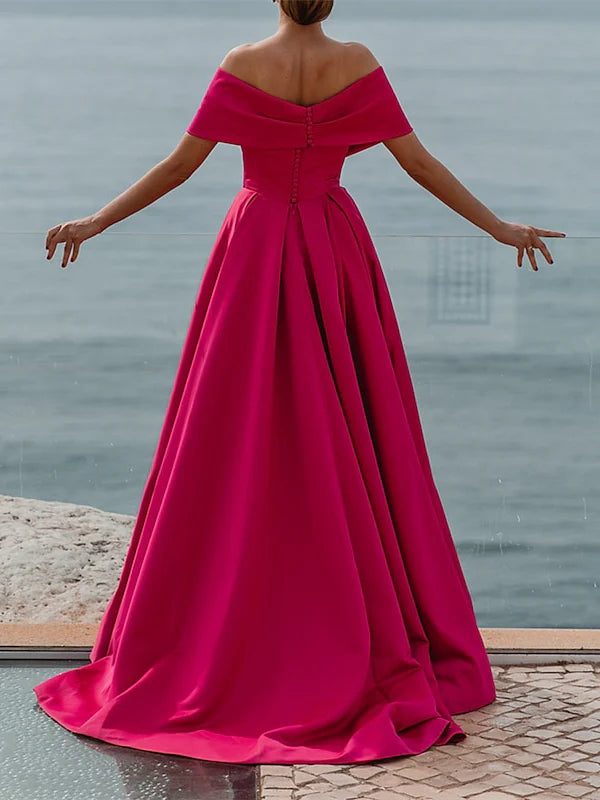 A-Line Off-The-Shoulder Short Sleeves Floor Length Evening Dress