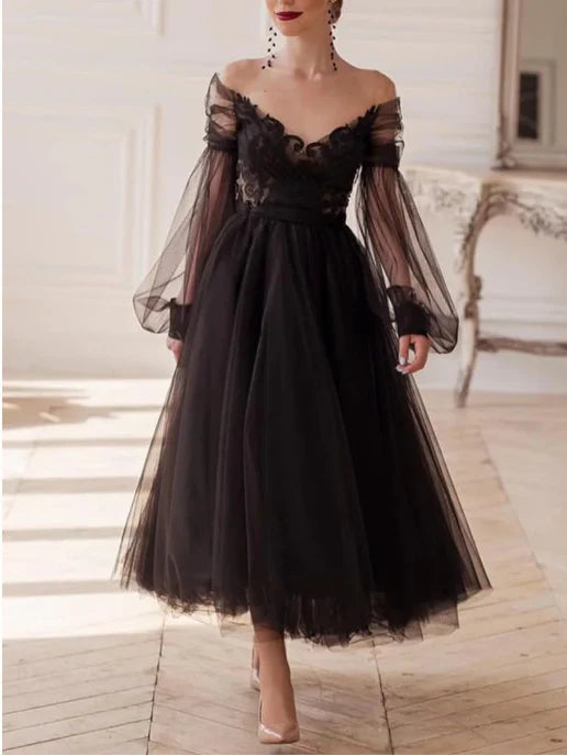 A-Line V-Neck Long Sleeves Ankle-Length Evening Dress