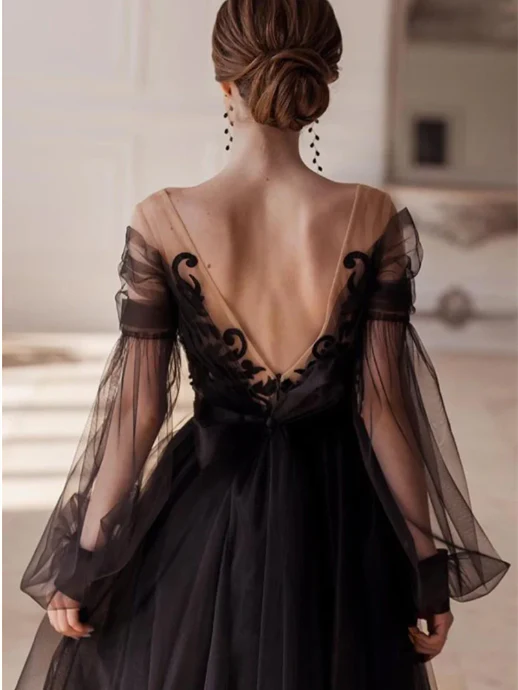 A-Line V-Neck Long Sleeves Ankle-Length Evening Dress