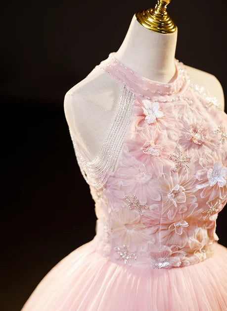 Blushing Pink Tulle Ball Gown Halter Zipper Back Floor-Length Dress