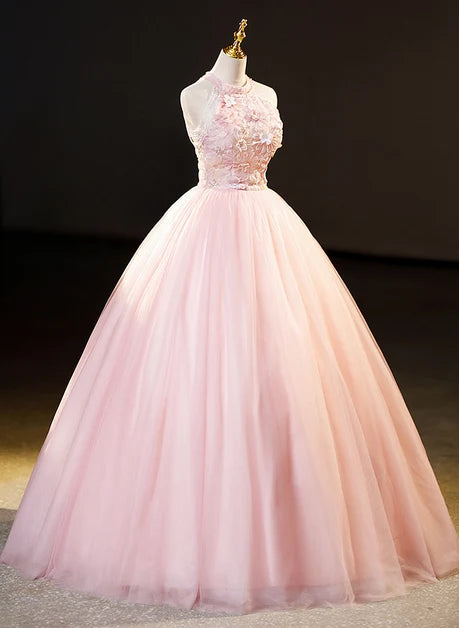 Blushing Pink Tulle Ball Gown Halter Zipper Back Floor-Length Dress