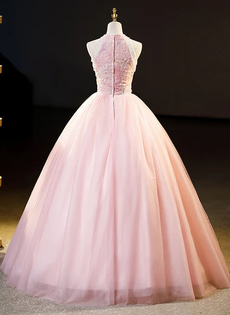 Blushing Pink Tulle Ball Gown Halter Zipper Back Floor-Length Dress
