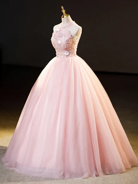 Blushing Pink Tulle Ball Gown Halter Zipper Back Floor-Length Dress