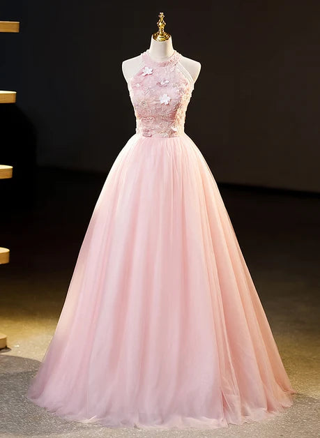 Blushing Pink Tulle Ball Gown Halter Zipper Back Floor-Length Dress