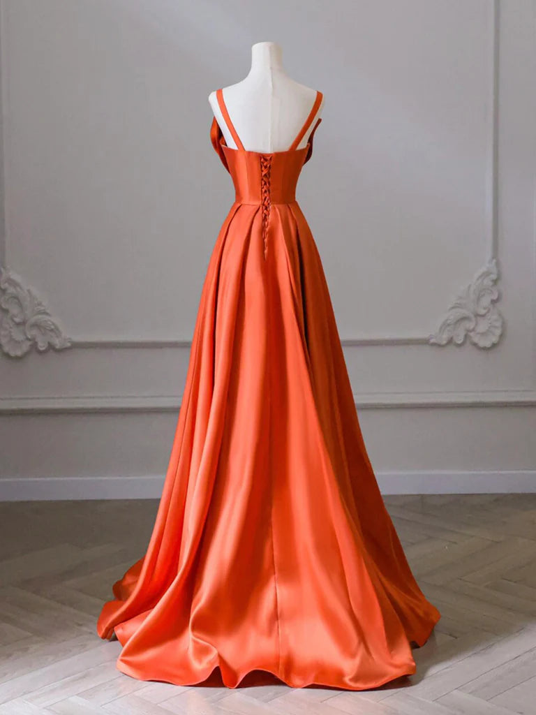 A-Line Orange Satin Long Prom Party Dresses