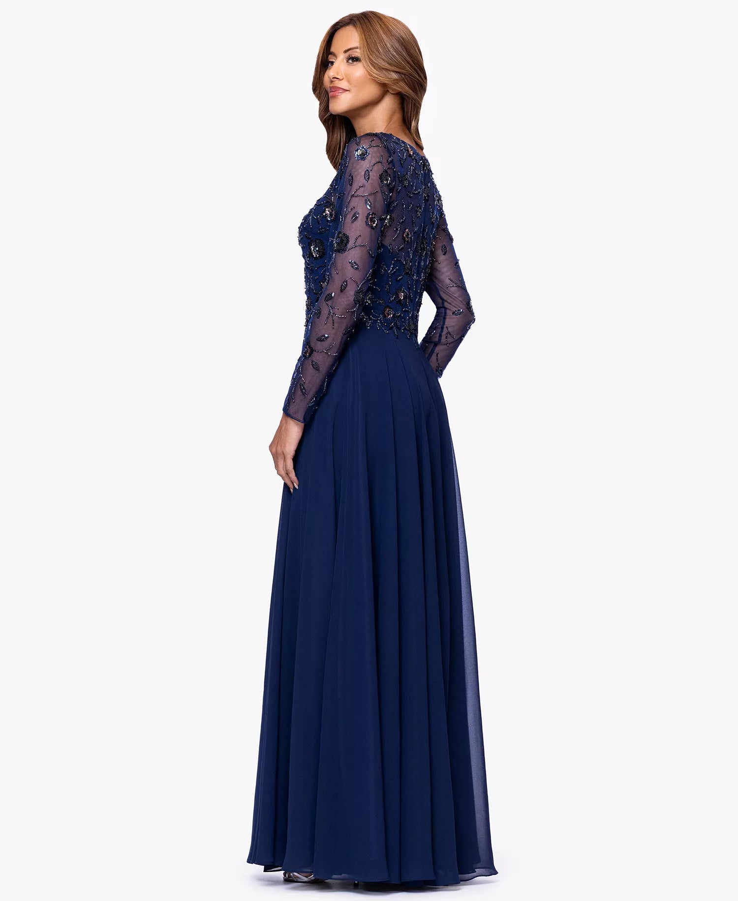 Navy Blue Chiffon and Mesh A-Line Illusion Neck Illusion Back Floor Length Dress