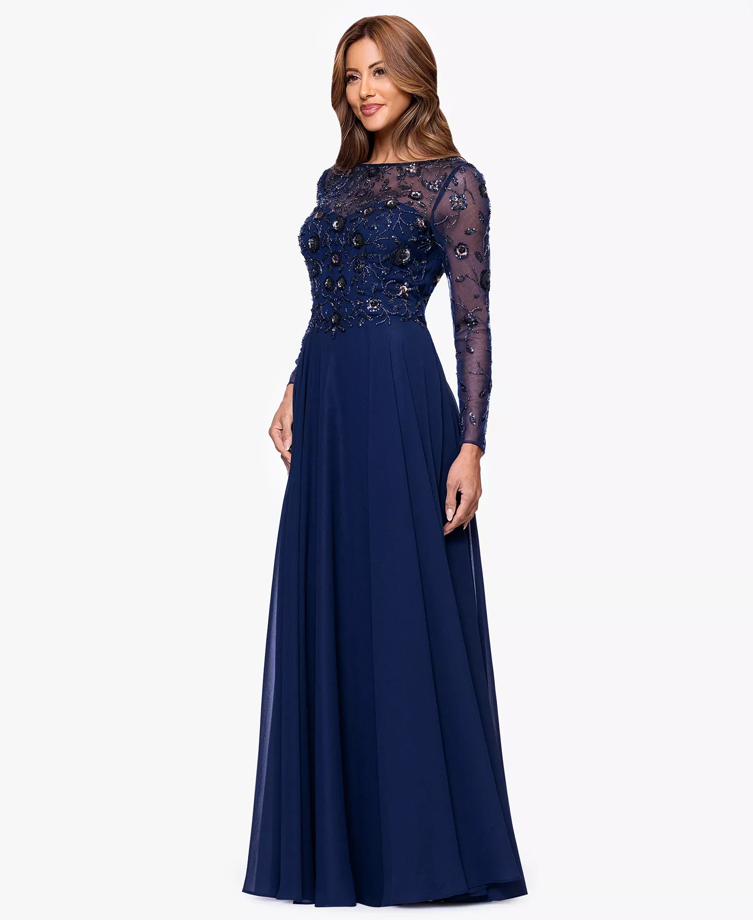 Navy Blue Chiffon and Mesh A-Line Illusion Neck Illusion Back Floor Length Dress