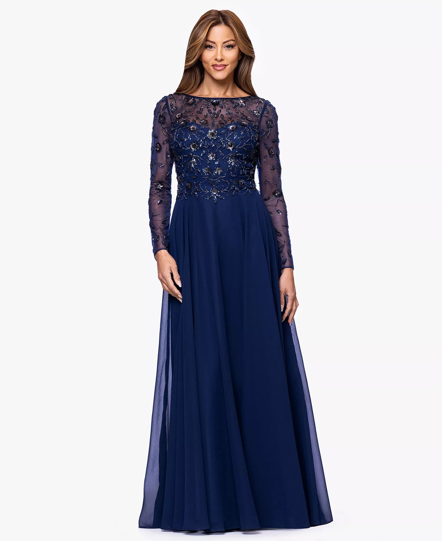 Navy Blue Chiffon and Mesh A-Line Illusion Neck Illusion Back Floor Length Dress