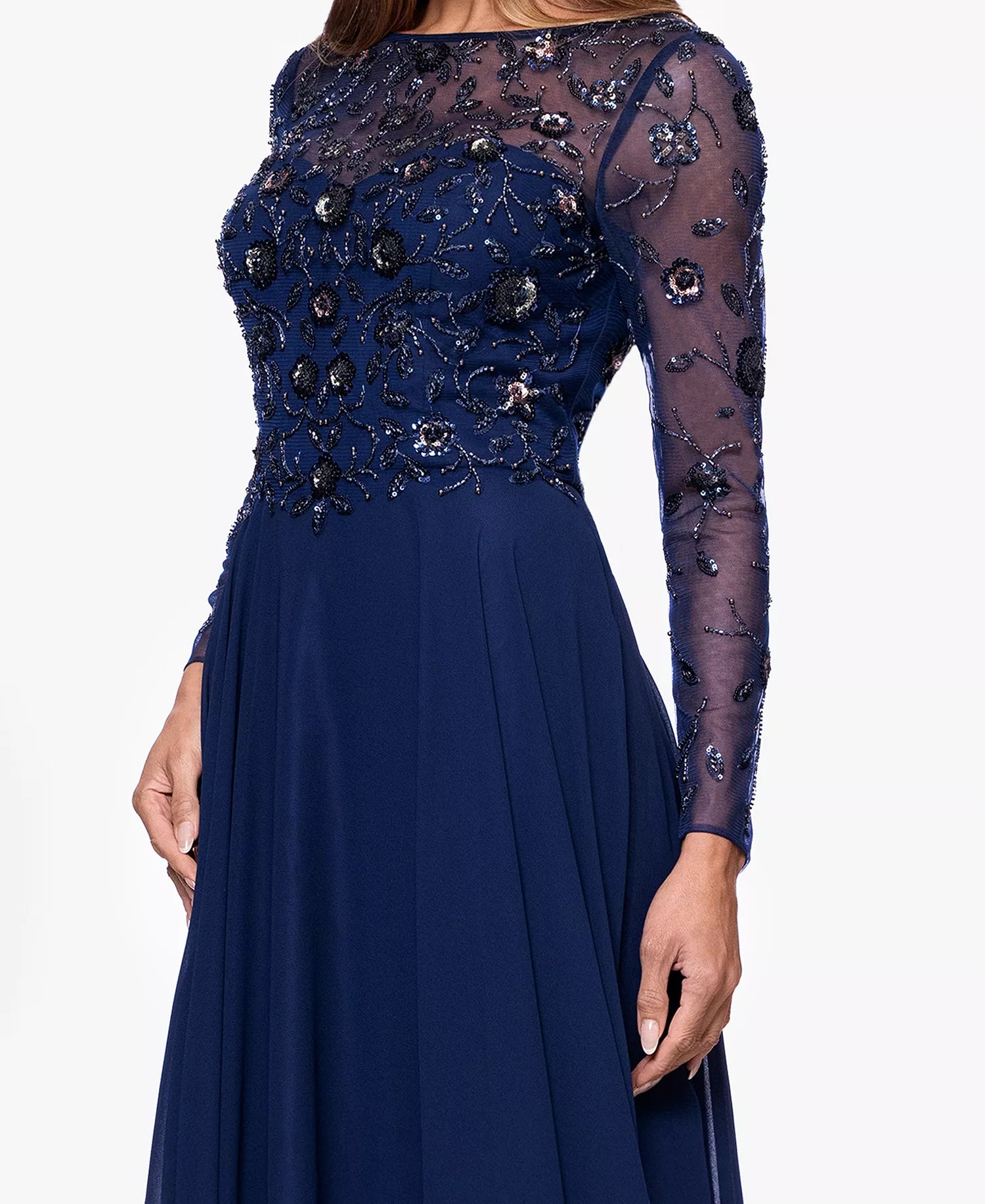 Navy Blue Chiffon and Mesh A-Line Illusion Neck Illusion Back Floor Length Dress