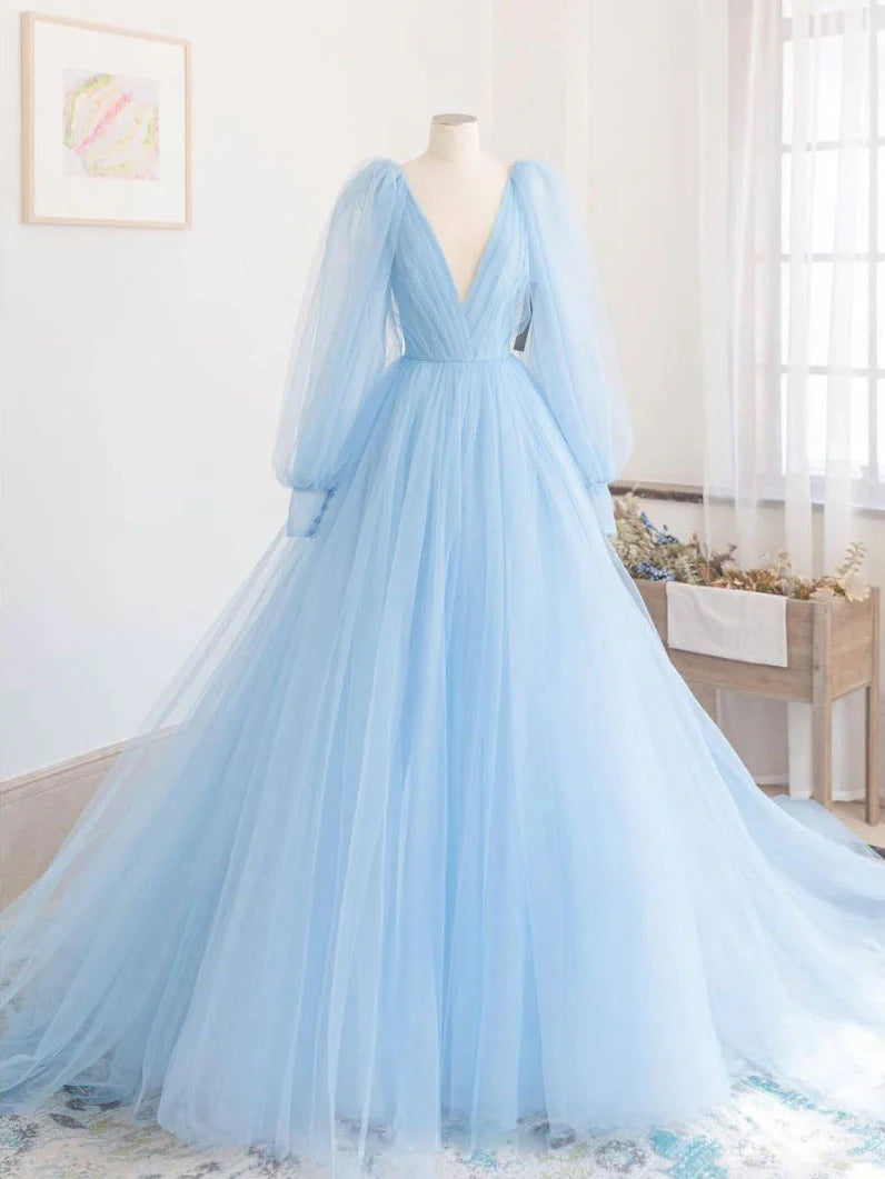 Deep V Neck Blue Tulle Long Long Sleeves Floor Length Prom Dress