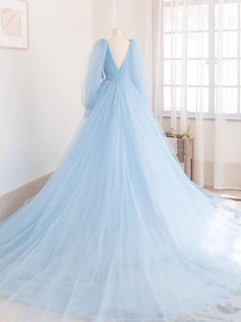 Deep V Neck Blue Tulle Long Long Sleeves Floor Length Prom Dress