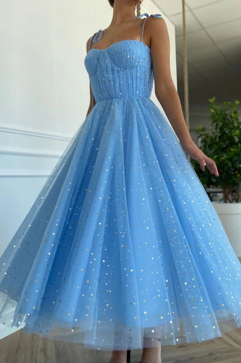 Spaghetti Straps Blue Sweetheart Tulle Tea Length Evening Formal Dress