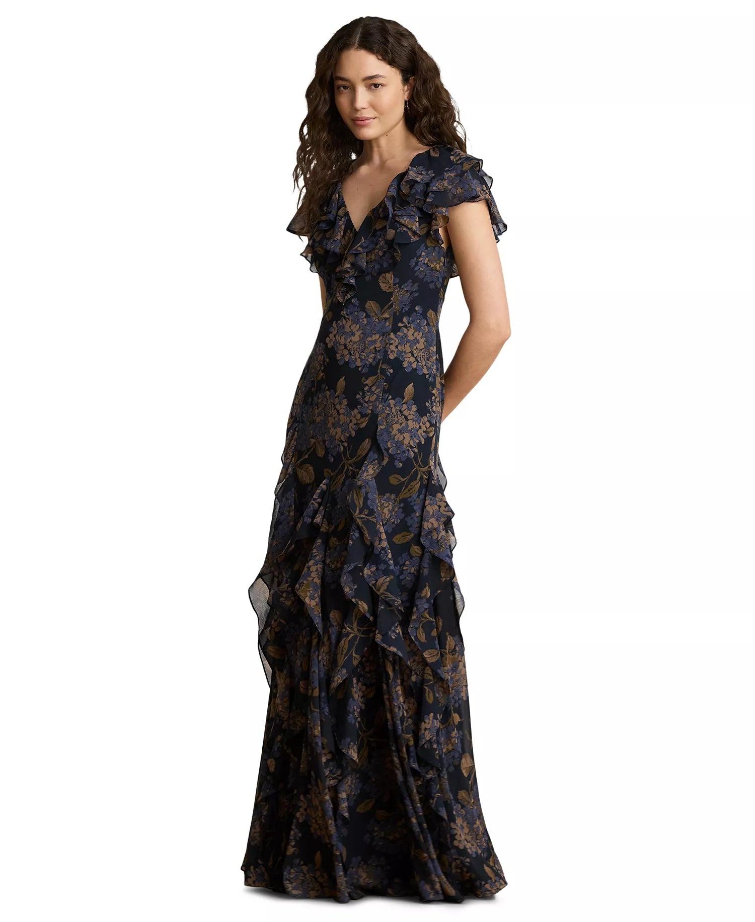 Dark Navy Floral Chiffon A-Line V-Neck V-Back Floor-Length Dress