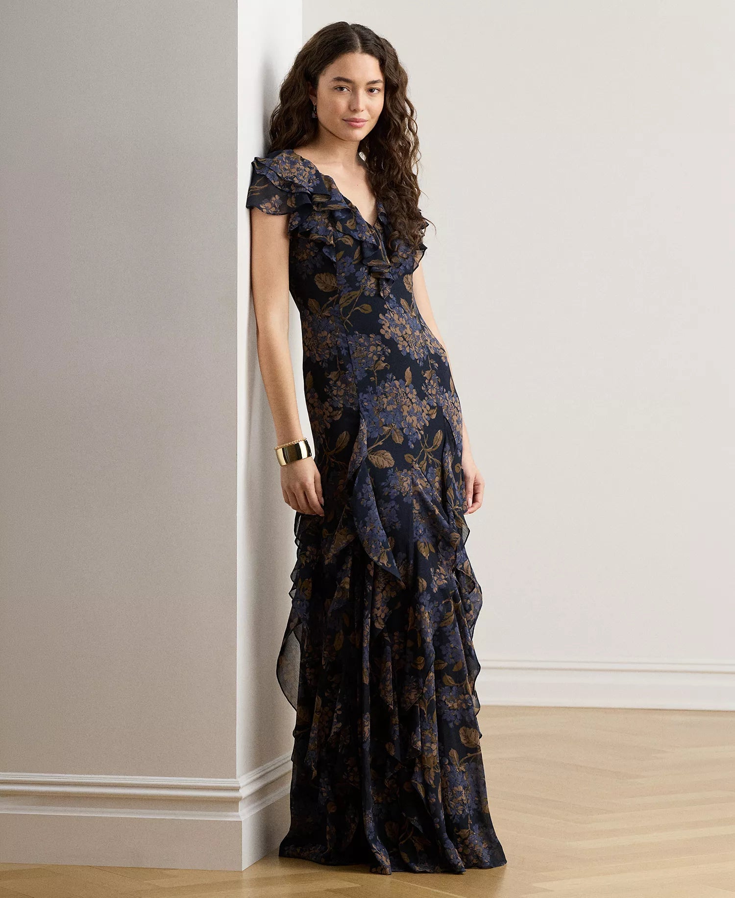 Dark Navy Floral Chiffon A-Line V-Neck V-Back Floor-Length Dress