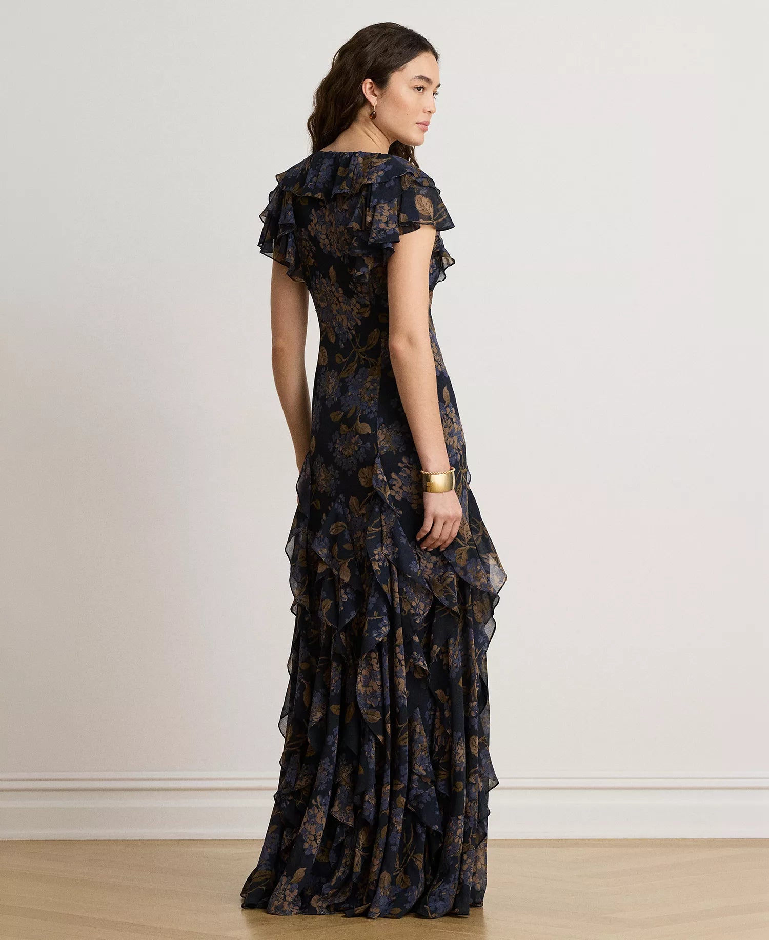 Dark Navy Floral Chiffon A-Line V-Neck V-Back Floor-Length Dress