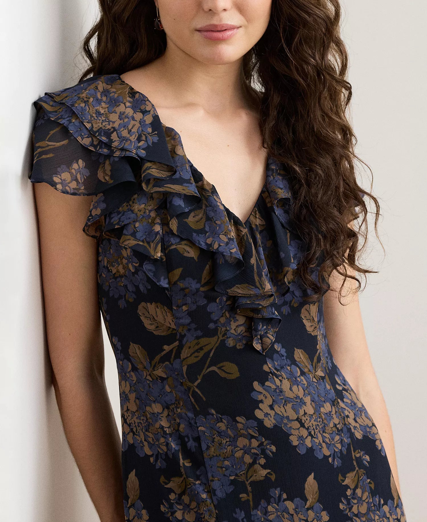 Dark Navy Floral Chiffon A-Line V-Neck V-Back Floor-Length Dress
