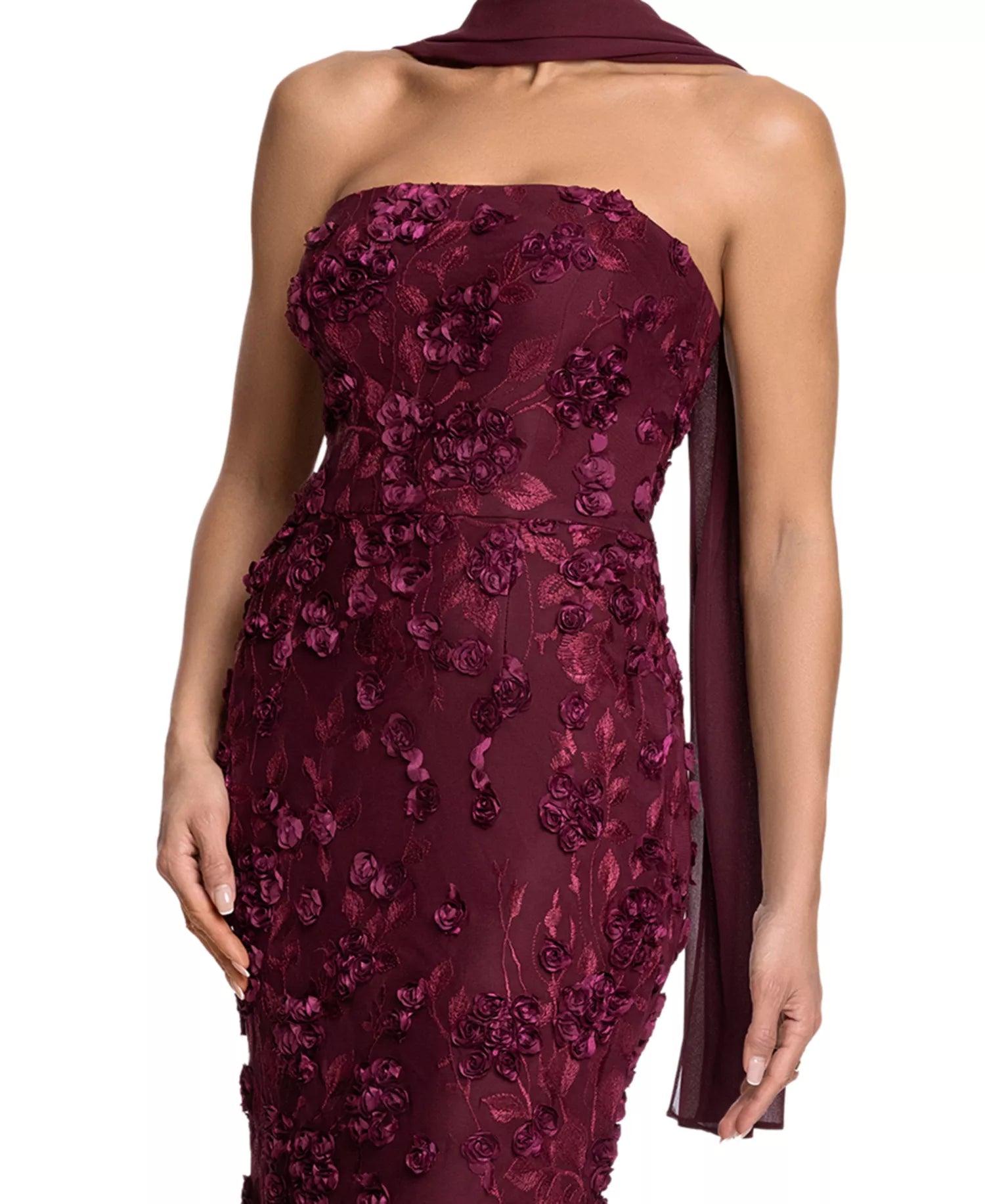 Cabernet Mesh with 3D Floral Appliques Sheath-Column Floor-Length Dress