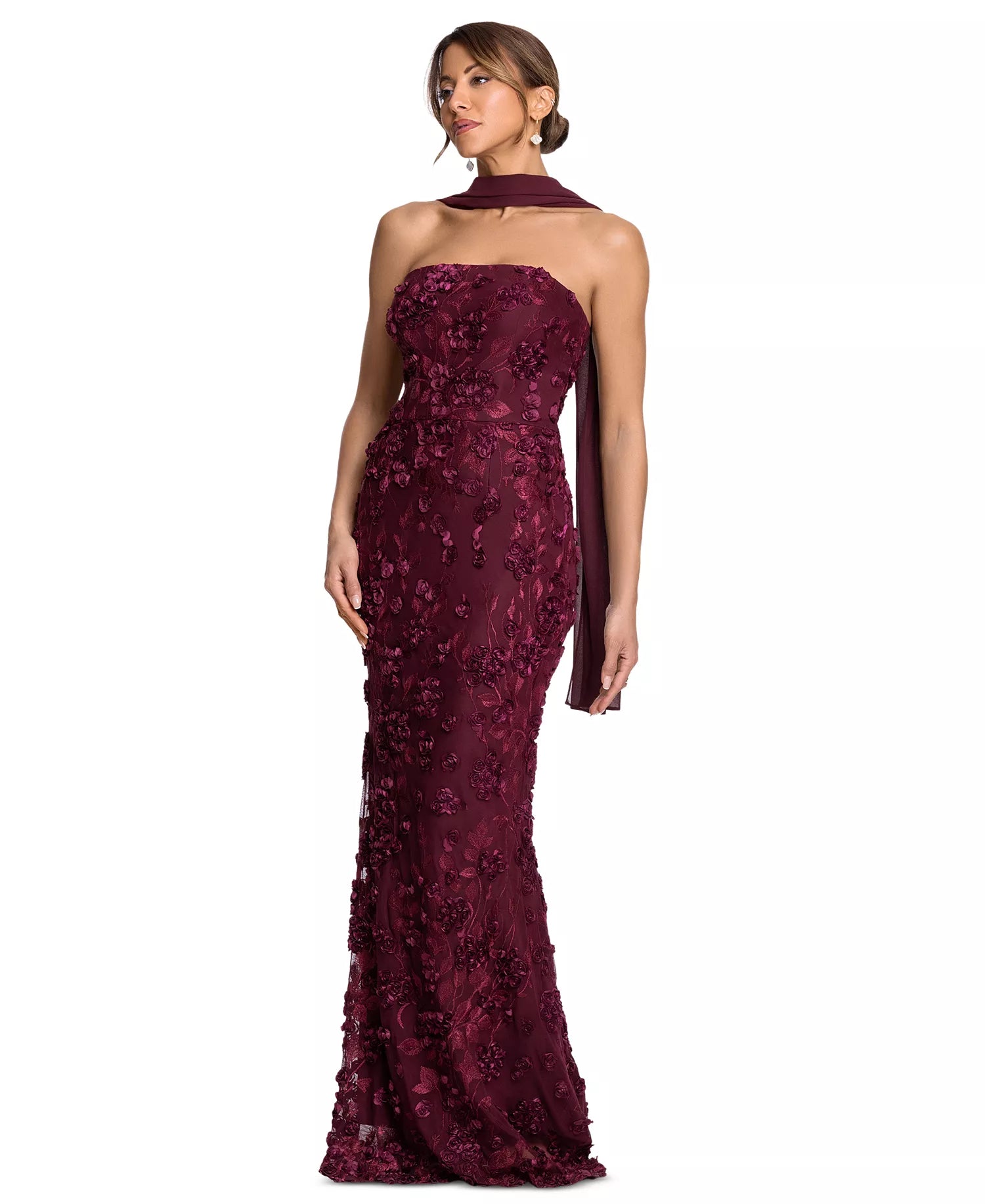 Cabernet Mesh with 3D Floral Appliques Sheath-Column Floor-Length Dress
