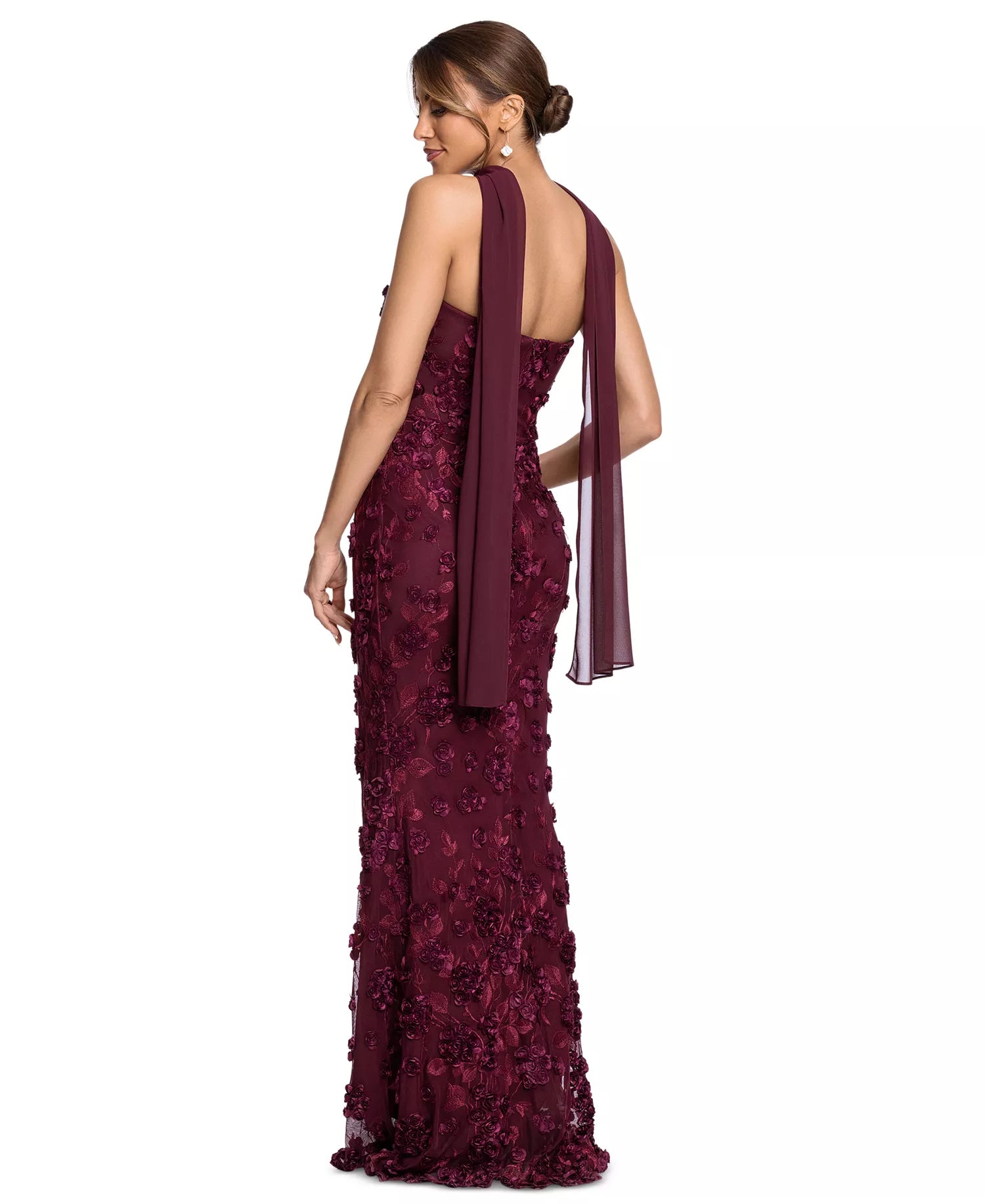 Cabernet Mesh with 3D Floral Appliques Sheath-Column Floor-Length Dress