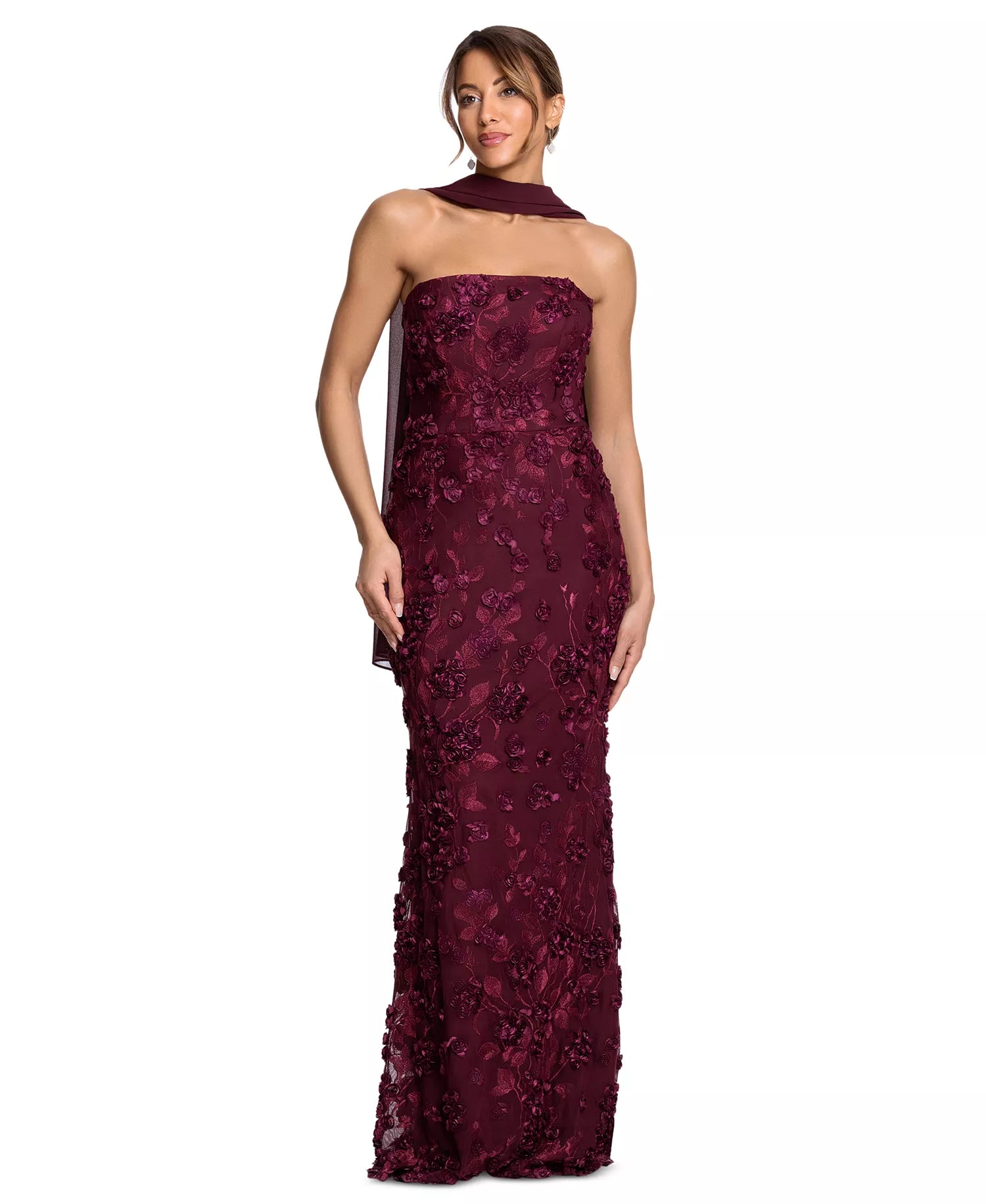 Cabernet Mesh with 3D Floral Appliques Sheath-Column Floor-Length Dress