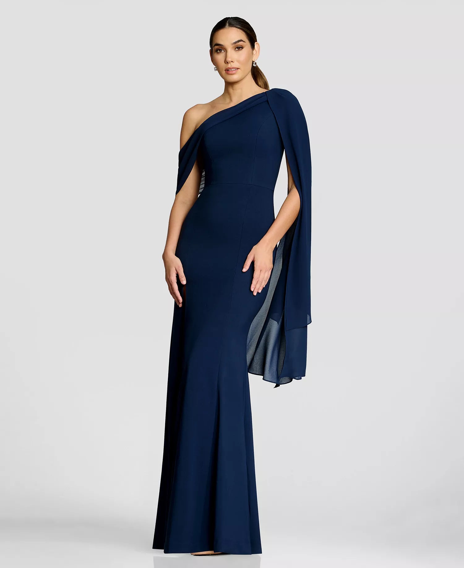 Dark Navy Crepe & Chiffon Mermaid One Shoulder Zipper Back Floor Length Dress