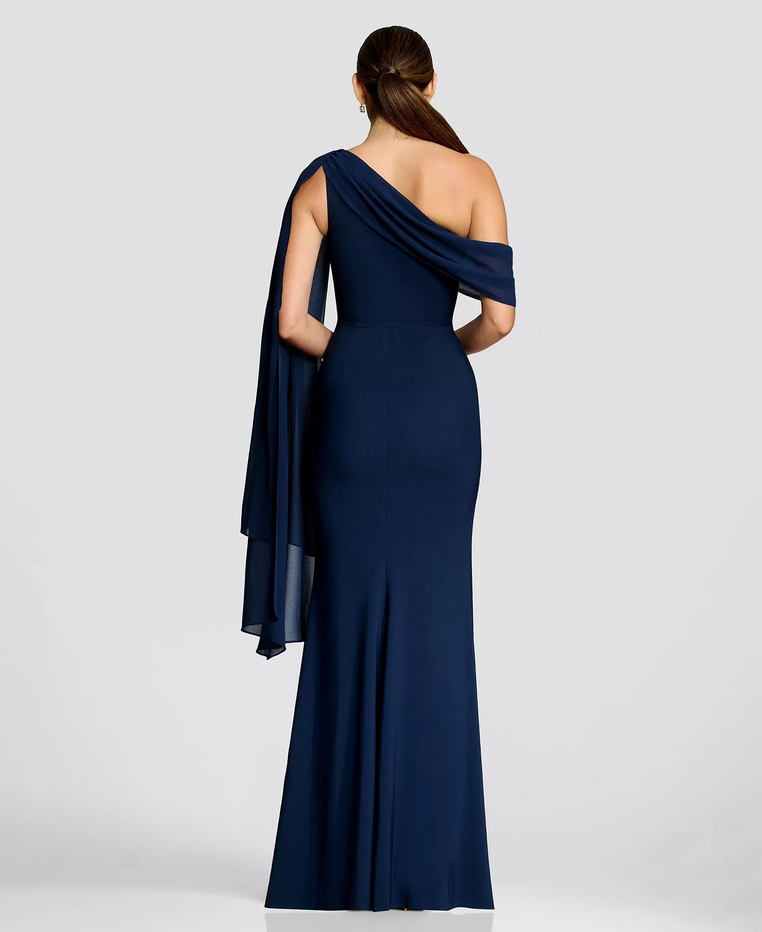 Dark Navy Crepe & Chiffon Mermaid One Shoulder Zipper Back Floor Length Dress