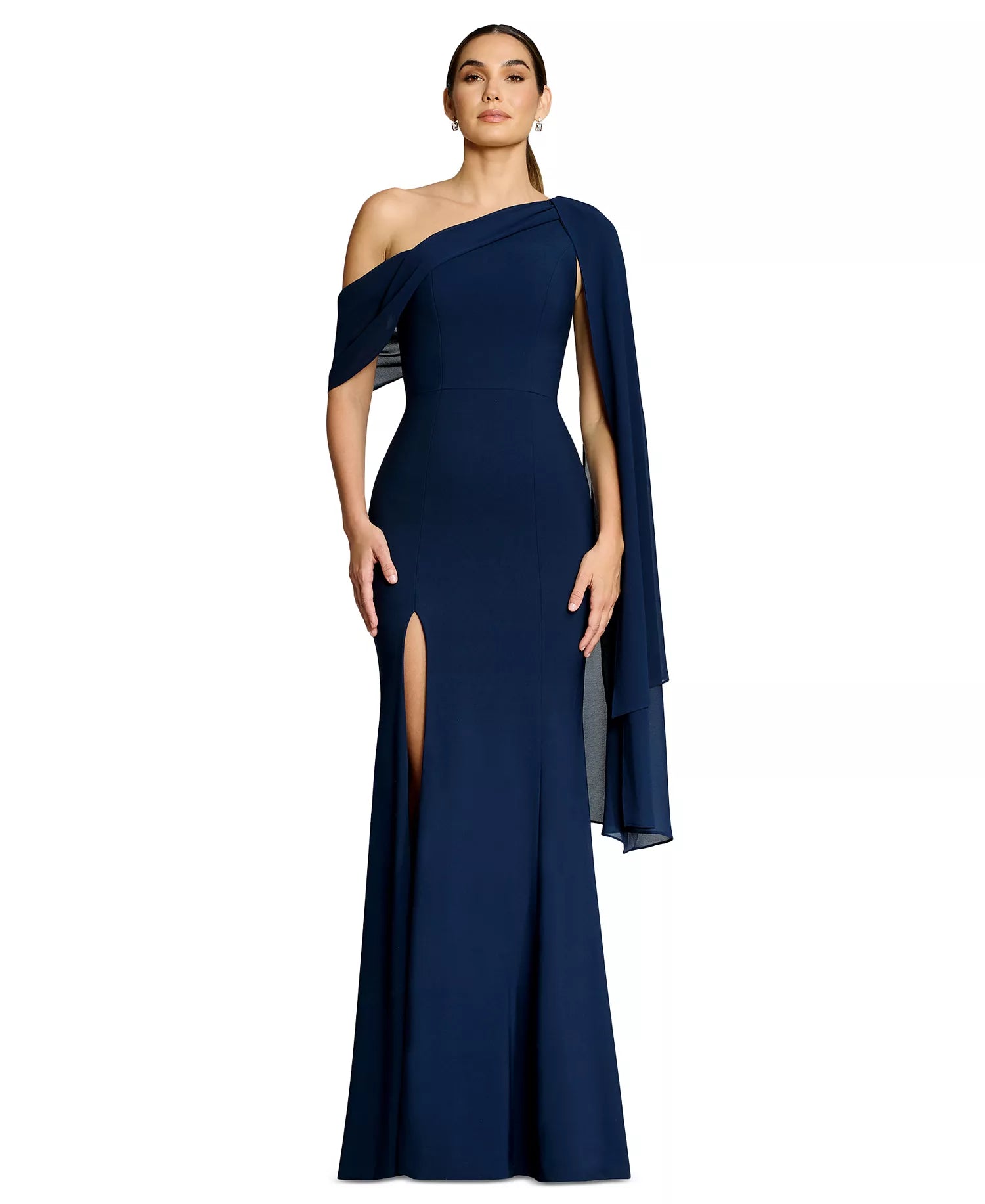 Dark Navy Crepe & Chiffon Mermaid One Shoulder Zipper Back Floor Length Dress