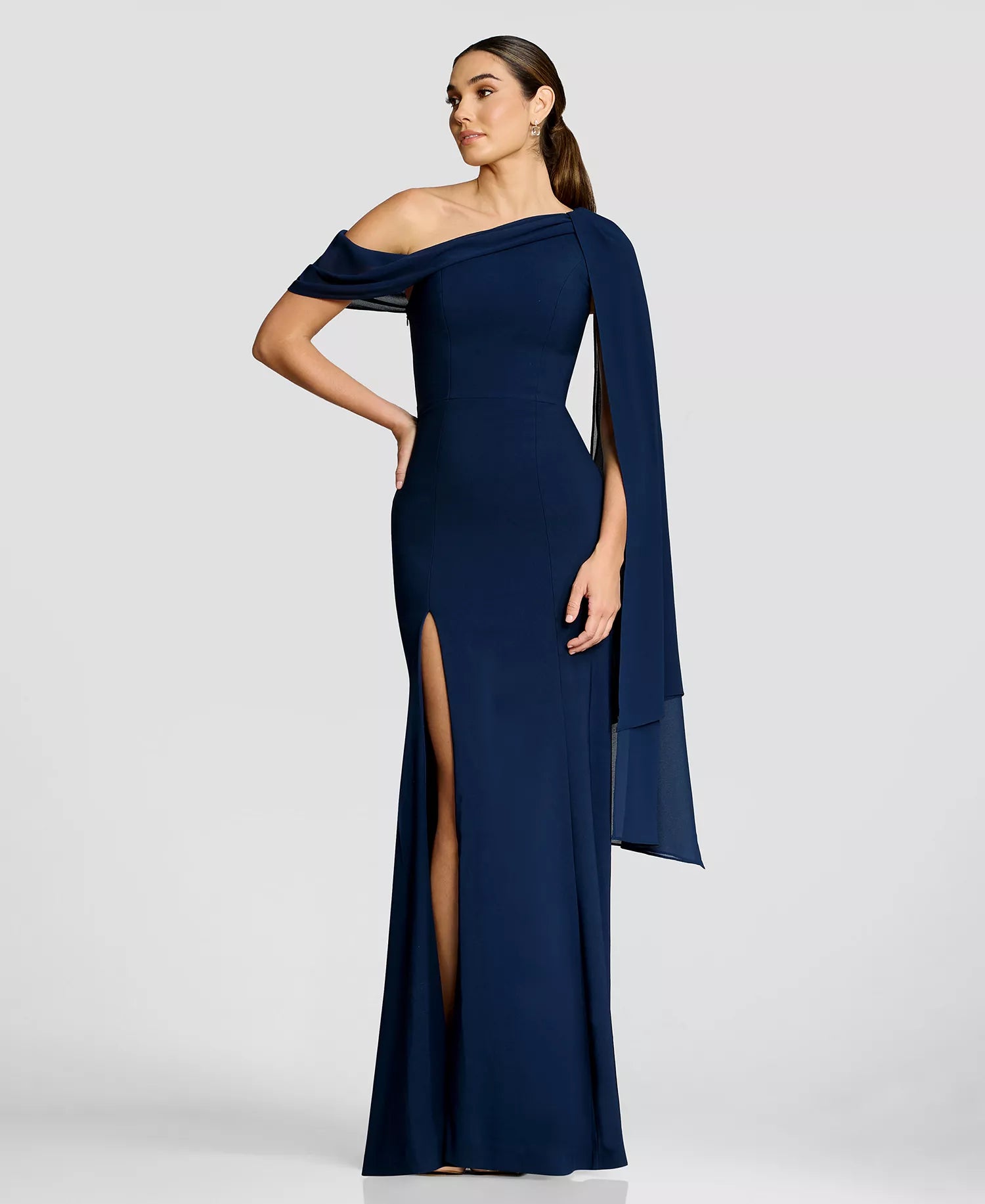 Dark Navy Crepe & Chiffon Mermaid One Shoulder Zipper Back Floor Length Dress