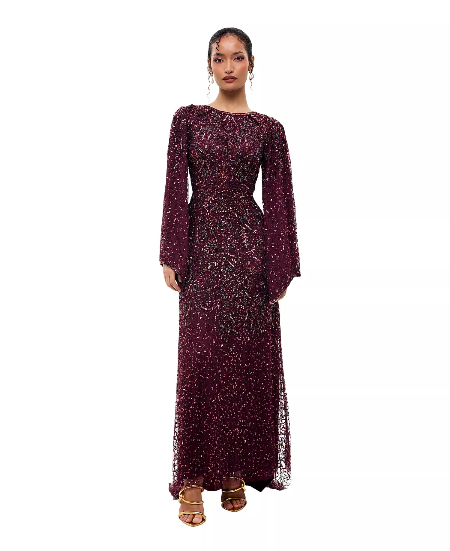 Burgundy Mesh with Sequins Sheath Scoop Neck Floor Length Dress